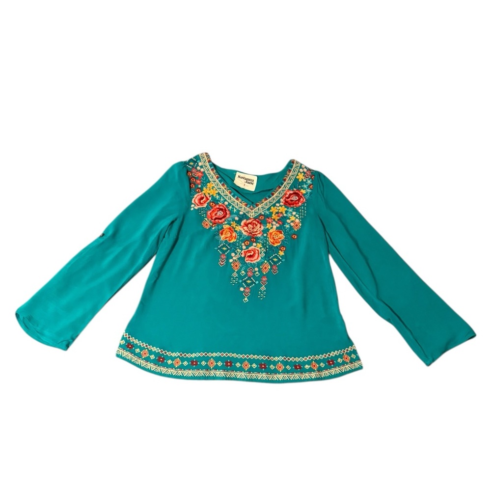 Savanna Jane Teal Floral Embroidered V-Neck Blouse